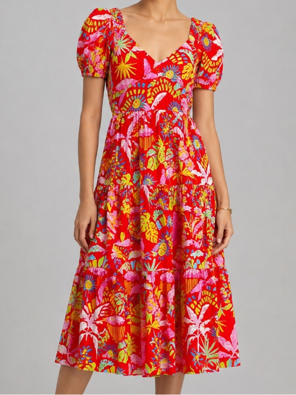 🆕 🍒🌼🌿AQUA Red Multi Tropical Floral Cotton Midi Dress Tie Back Size Large NWT